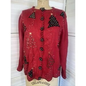 Studio Fa La La Women’s Red Christmas Sweater Cardigan Tree Beaded 1X X-Large